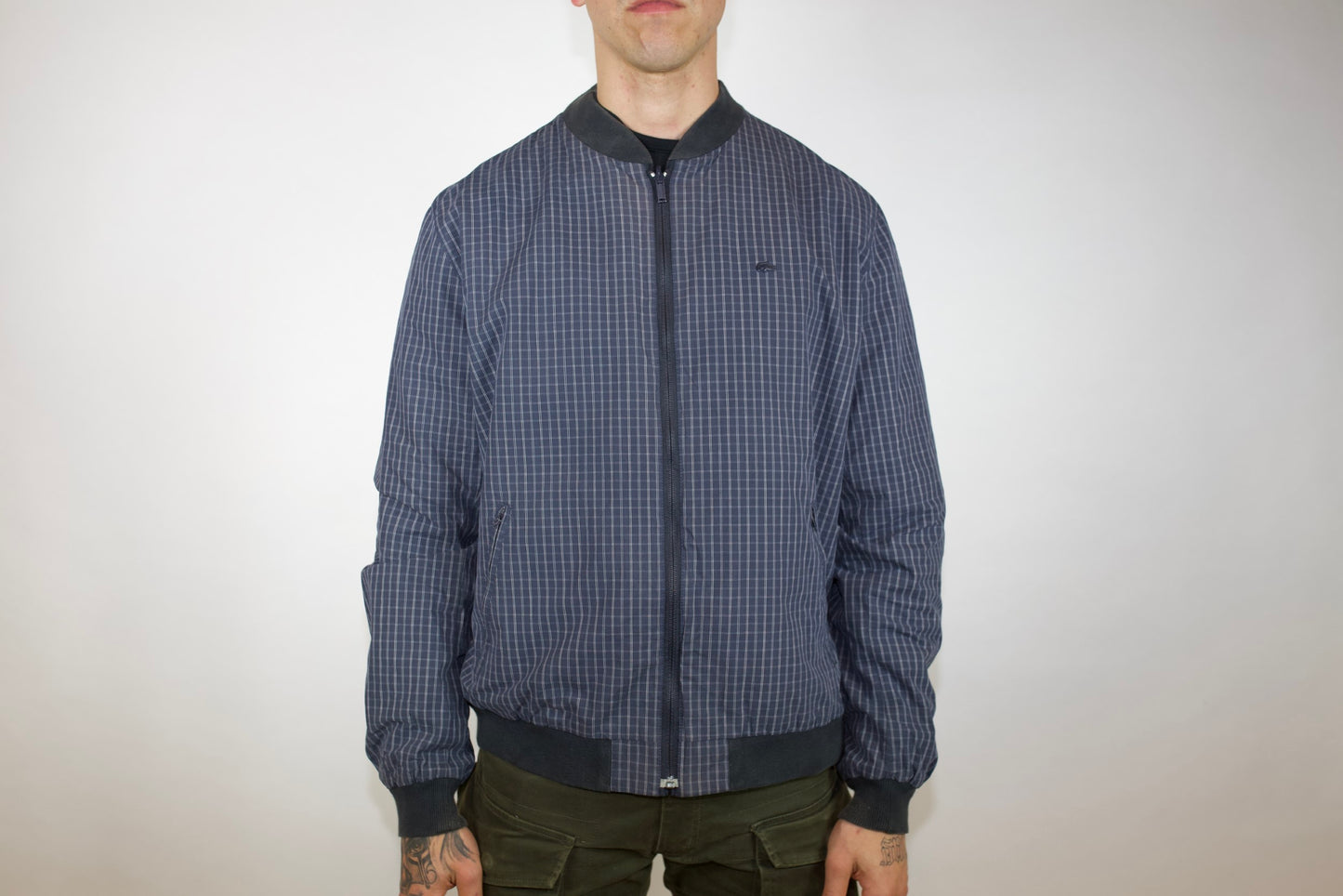 VINTAGE LACOSTE NAVY TARTAN REVERSIBLE BOMBER JACKET (M/L)