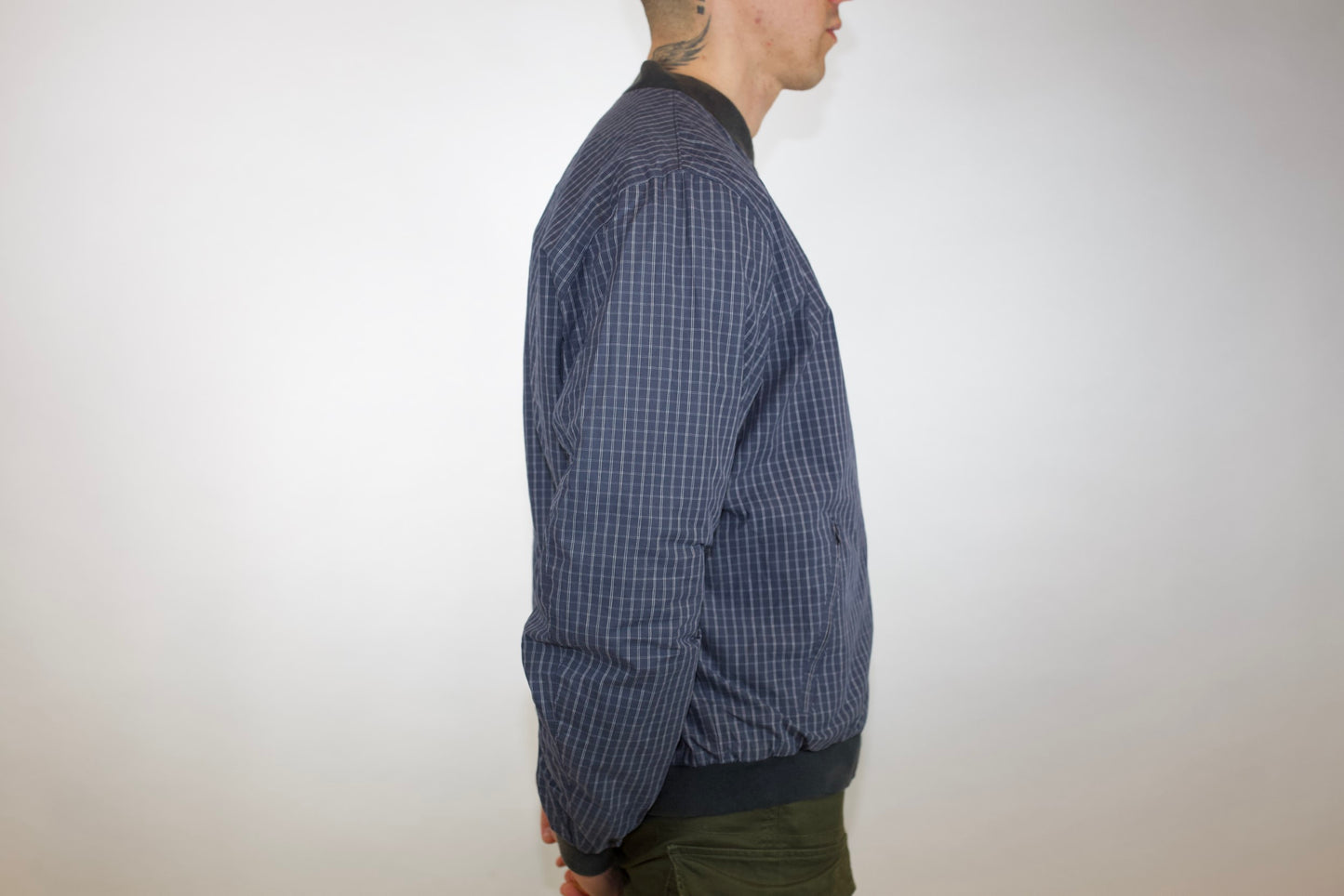 VINTAGE LACOSTE NAVY TARTAN REVERSIBLE BOMBER JACKET (M/L)