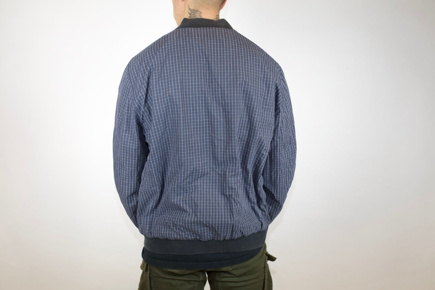 VINTAGE LACOSTE NAVY TARTAN REVERSIBLE BOMBER JACKET (M/L)